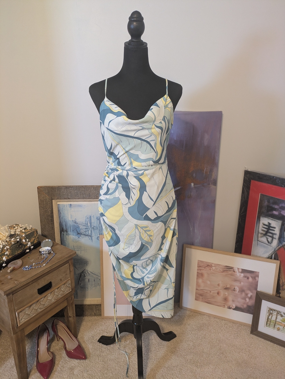 Forever21 Sleeveless Cowl Neck Slip Dress Size S Hawaiian Asymmetrical Open Back